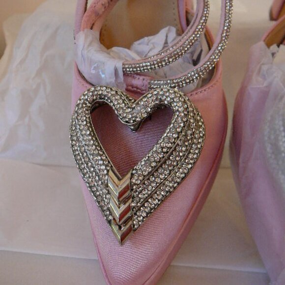 Women's Rose Pink 5" Strappy Platform Heels With 3 Stacked Crystal Hearts-Size 6 - Picture 5 of 10